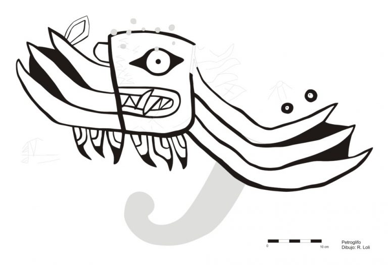 Archäologisches Projekt Orcón-Pacaybamba (PAOP), Umzeichnung einer spätchavínzeitlichen Petroglyphe (800-400 v. Chr.) des Bergheiligtums Cerros Quilca , Umzeichnung R. Loli, PAOP